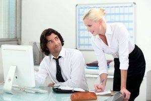 talking with a woman at work