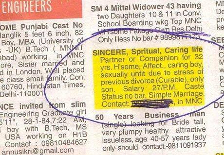 Hilarious matrimonial ad