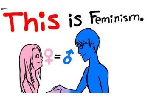 pink lady with blue men feminism