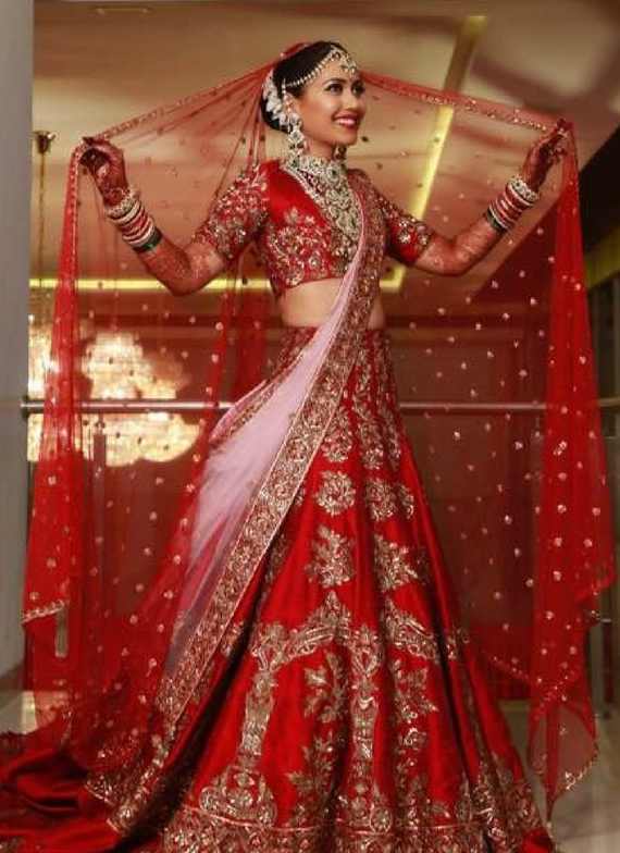 bridal lehenga red and blue combination