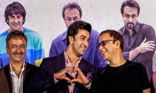 ranbir and raju hirani with vidhu vinod