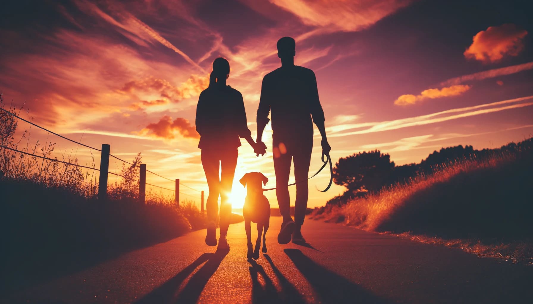 silhouette of a couple holding hands and walking their dog along a path during a beautiful sunset