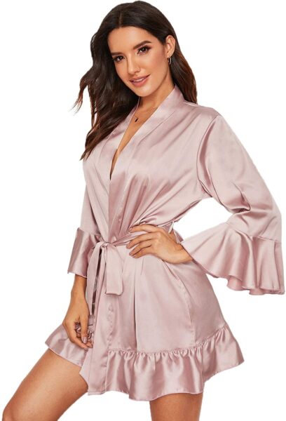 Floerns Women's Ruffle Hem Kimono Robe