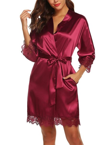 URRU Bridal Lace Satin Silk Robe