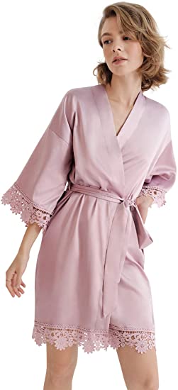 SIORO Bridesmaid Lace Silk Satin Robe