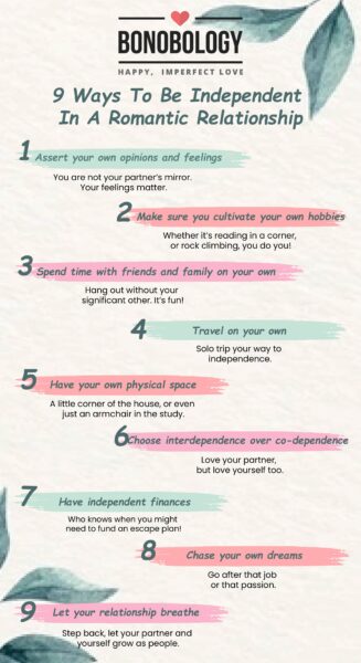 Infographic on 9 ways to to be independent in a romantic relationship
