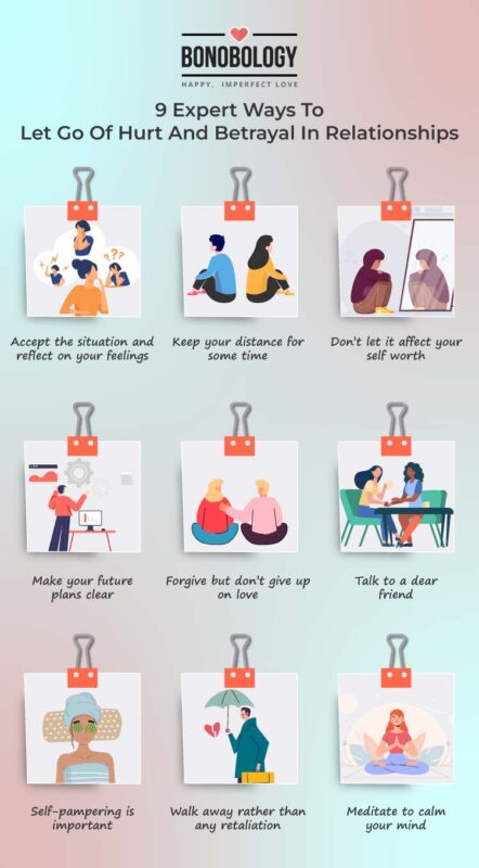 9 Expert Ways To Let Go Of Hurt And Betrayal In Relationships 2 Infographic on - how to get over betrayal by ex