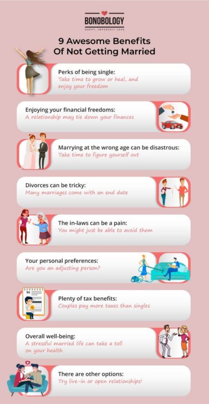 infographic for 9 awesome benefits of not getting married