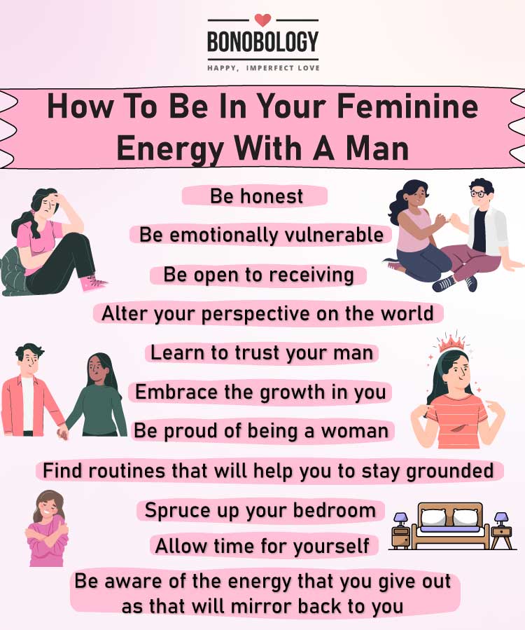 infographic on how to be in your feminine energy with a man 
