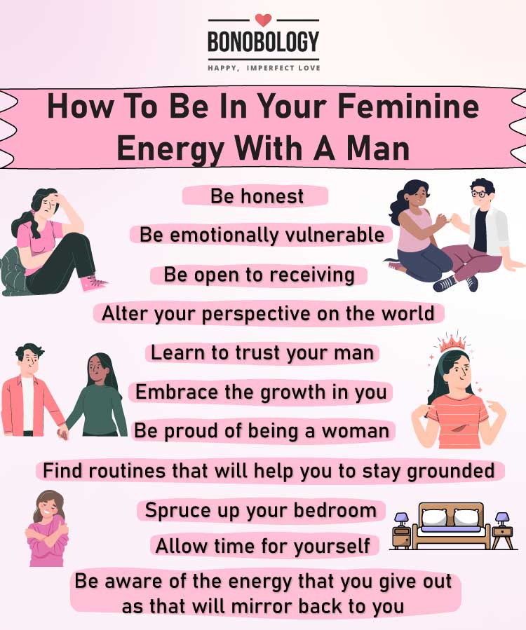 infographic on how to be in your feminine energy with a man