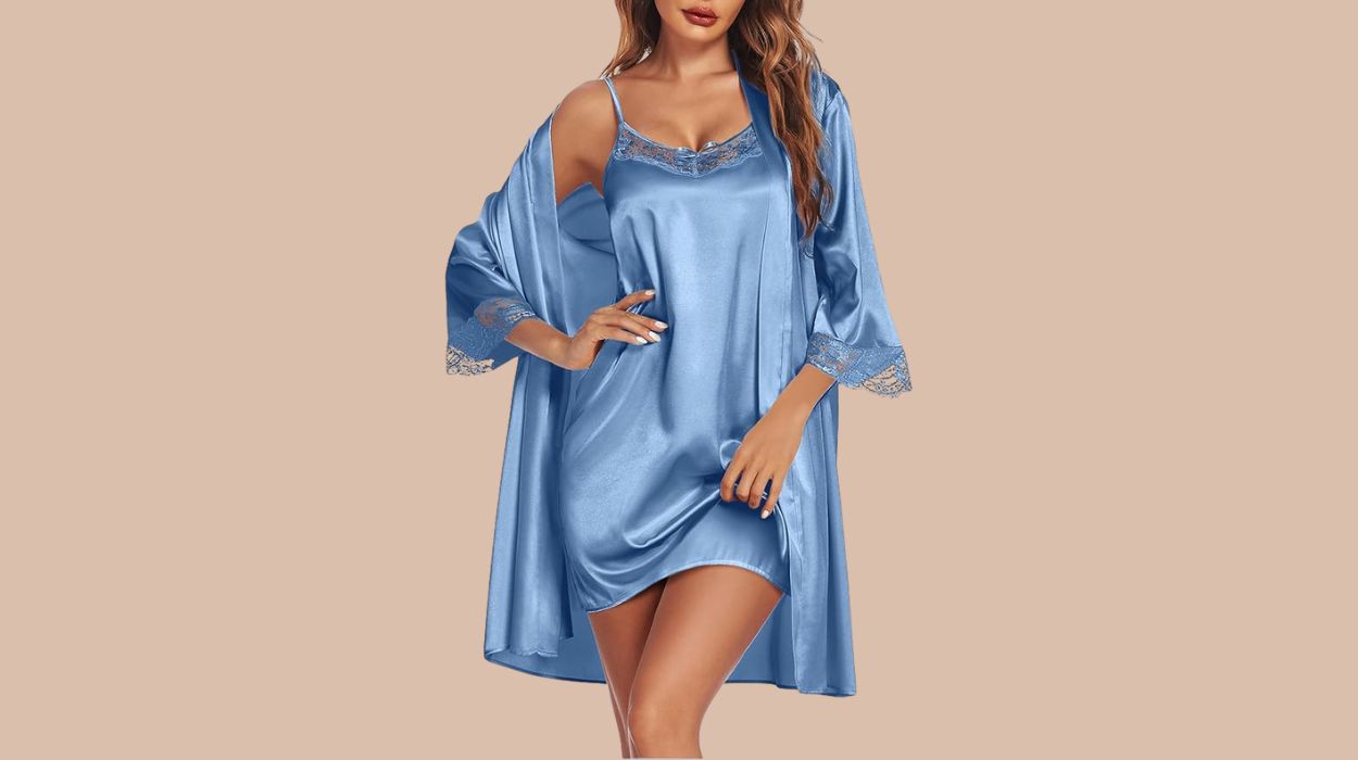 Ekouaer Satin Lace Robe & Nightgown Set